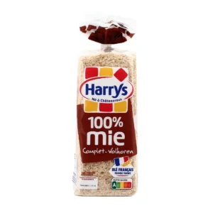 Pain 100% mie complet Harrys 500g – pain tranché sans croûte, riche en fibres, emballage bleu et marron