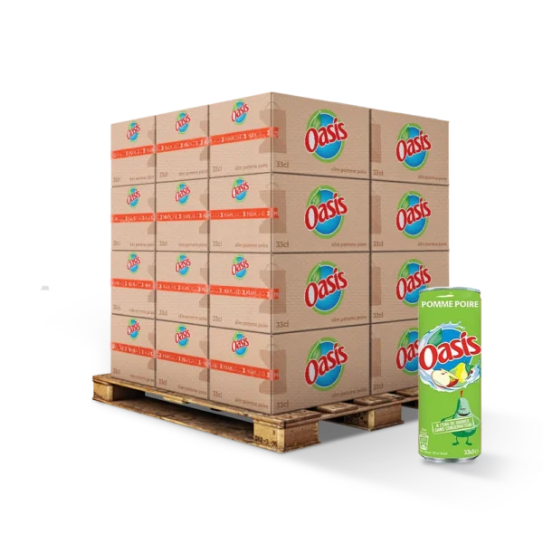 Pack de 24 canettes slim de 33cl de boisson OASIS goût pomme poire, boisson fruitée sans bulles