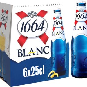 Bouteille de bière blanche sans alcool 1664, posée sur un fond clair