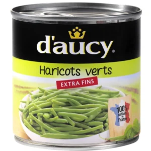Boîte de haricots verts extra fins D'AUCY 220g, haricots verts frais en conserve