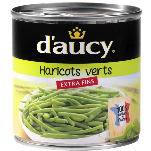 Boîte de haricots verts extra fins D'AUCY 220g, haricots verts frais en conserve