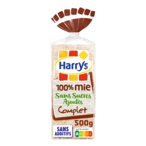 Pain de mie sans sucre ajouté complet 500g de la marque HARRY'S, tranche de pain moelleux et sain.