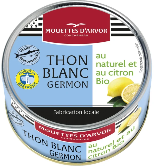 Thon blanc naturel citron bio 160g LES MOUETTES D’ARMOR en boîte, produit de la mer issu de l’agriculture biologique