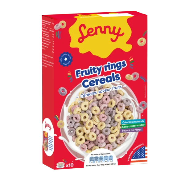 Boîte de céréales Fruity Rings LENNY colorées et fruitées