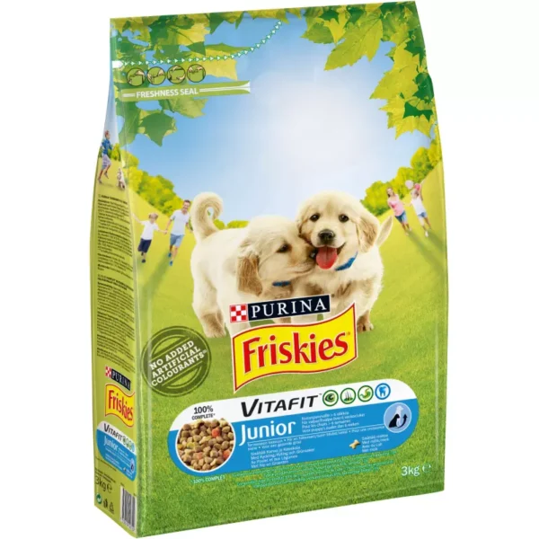 Sachet de croquettes pour chien junior Friskies 3kg au poulet, lait et légumes