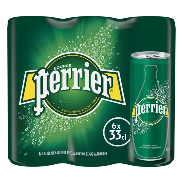 Pack de 6 canettes de 33cl d'eau gazeuse Perrier, rafraîchissante et pétillante