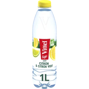 Eau aromatisée citron et citron vert VITTEL 1L, boisson rafraîchissante avec un goût naturel.