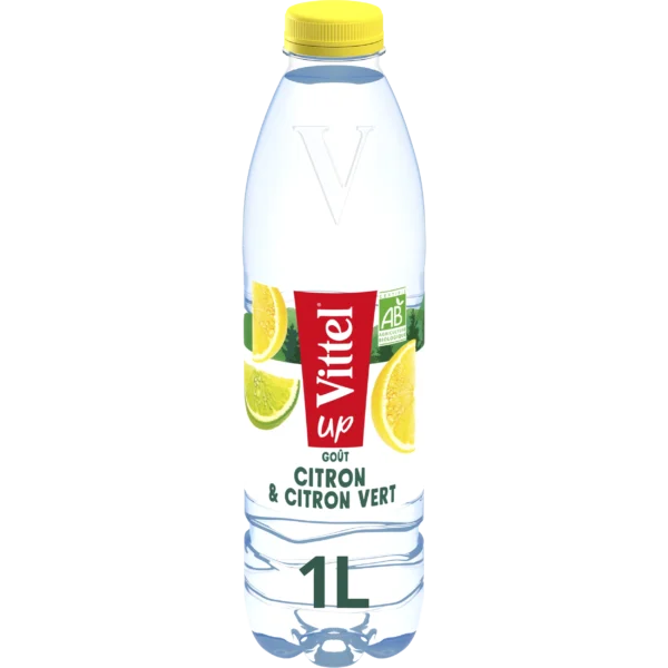 Eau aromatisée citron et citron vert VITTEL 1L, boisson rafraîchissante avec un goût naturel.
