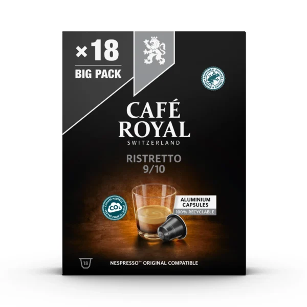 Café capsules Nespresso Ristretto en boîte, présentées sur fond neutre