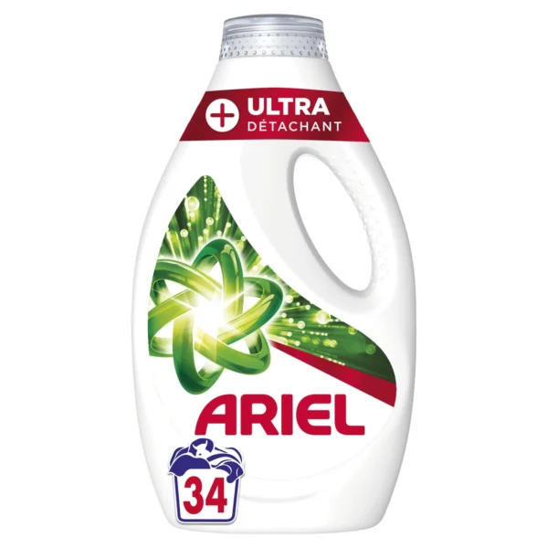 Bouteille de 1,395 L de lessive liquide ultra puissante Ariel, efficacité renforcée contre les taches