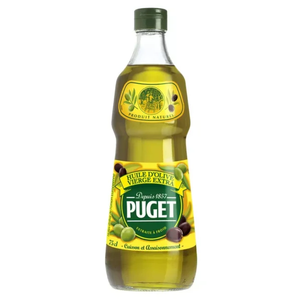 Bouteille d’huile d'olive extra vierge Puget 75cl, idéale pour cuisine saine et savoureuse