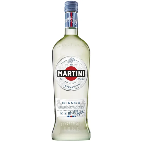 Bouteille de Martini Bianco 1L devant un décor évoquant le Monte Bianco