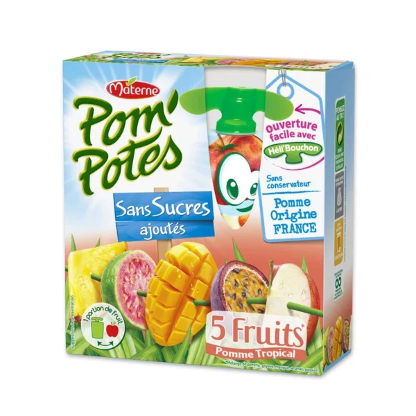 Gourde fruits tropicaux Pom' Potes sans sucres ajoutés, avec mangue, ananas et fruit de la passion