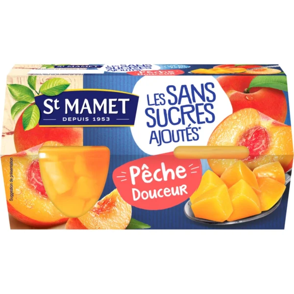 Fruits au sirop pêche en bocal 480g – St Mamet, tranches de pêches jaunes dans leur sirop léger