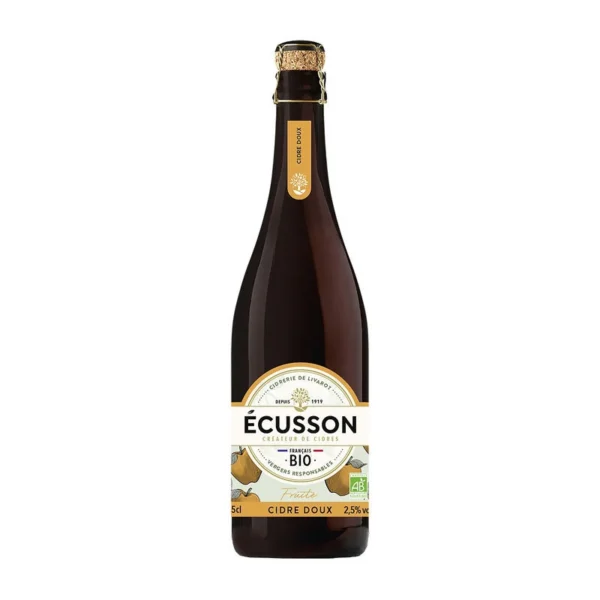 Bouteille de cidre doux 75cl bio ECUSSON, boisson pétillante à base de pommes issues de l’agriculture biologique