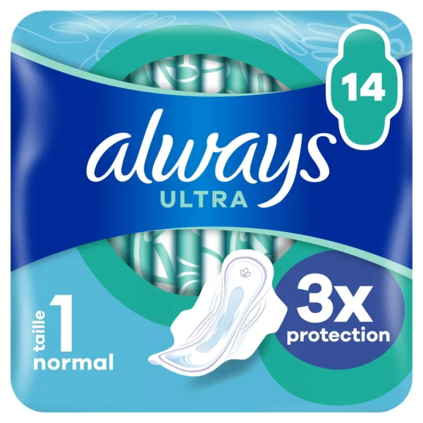 Serviettes hygiéniques taille 1 ALWAYS Normal Ultra x14, protection féminine discrète et efficace