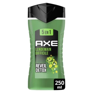 Gel douche homme 5en1 – flacon bleu sur fond neutre illustrant ses propriétés nettoyantes, hydratantes et revitalisantes