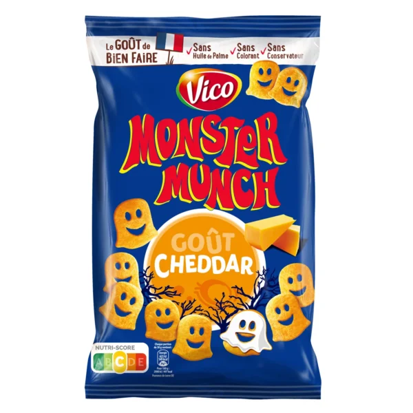 Paquet de Monster Munch Cheddar VICO 85g, snack salé croustillant