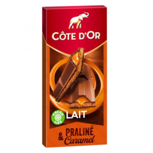 Tablette de chocolat au lait praliné caramel Côte d'Or 200g avec cœur coulant, emballage rouge et doré